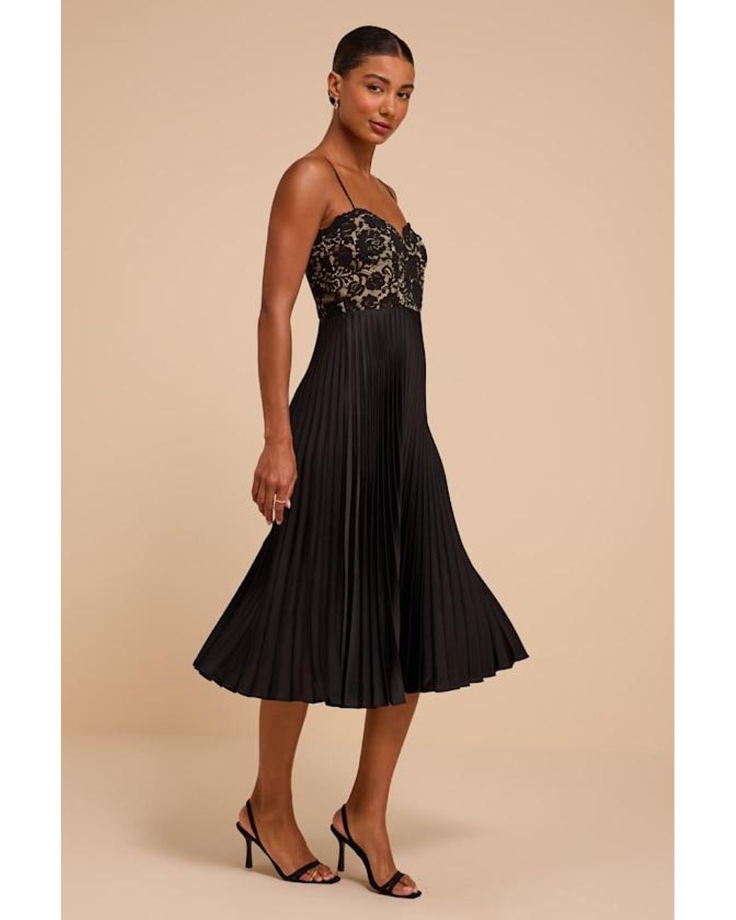 Lulus Black Shea Lace Pleated Midi Dress