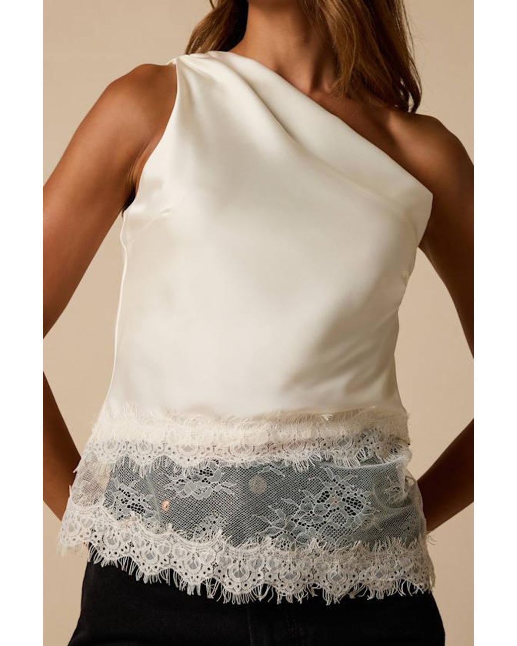 Lulus Brown Aris Satin Lace One-Shoulder Top