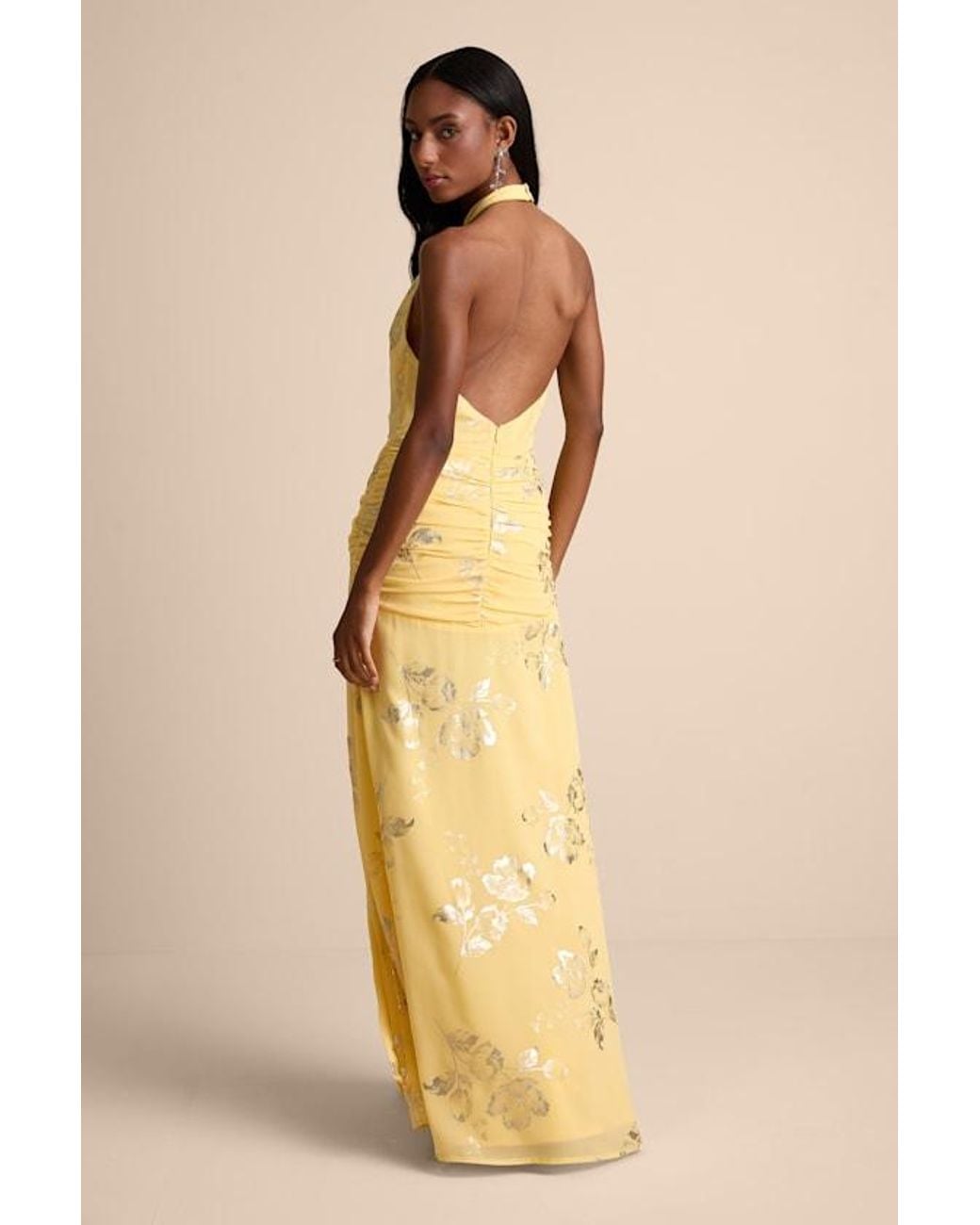 Lulus Natural Dayana Metallic Floral Backless Maxi Dress