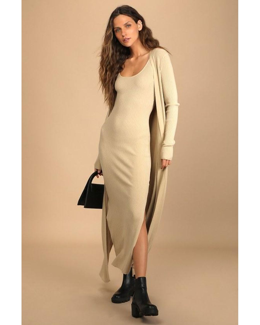 Lulus Layer Lover Ribbed Knit Two-Piece Dress & Cardigan Set in Natural |  Lyst UK