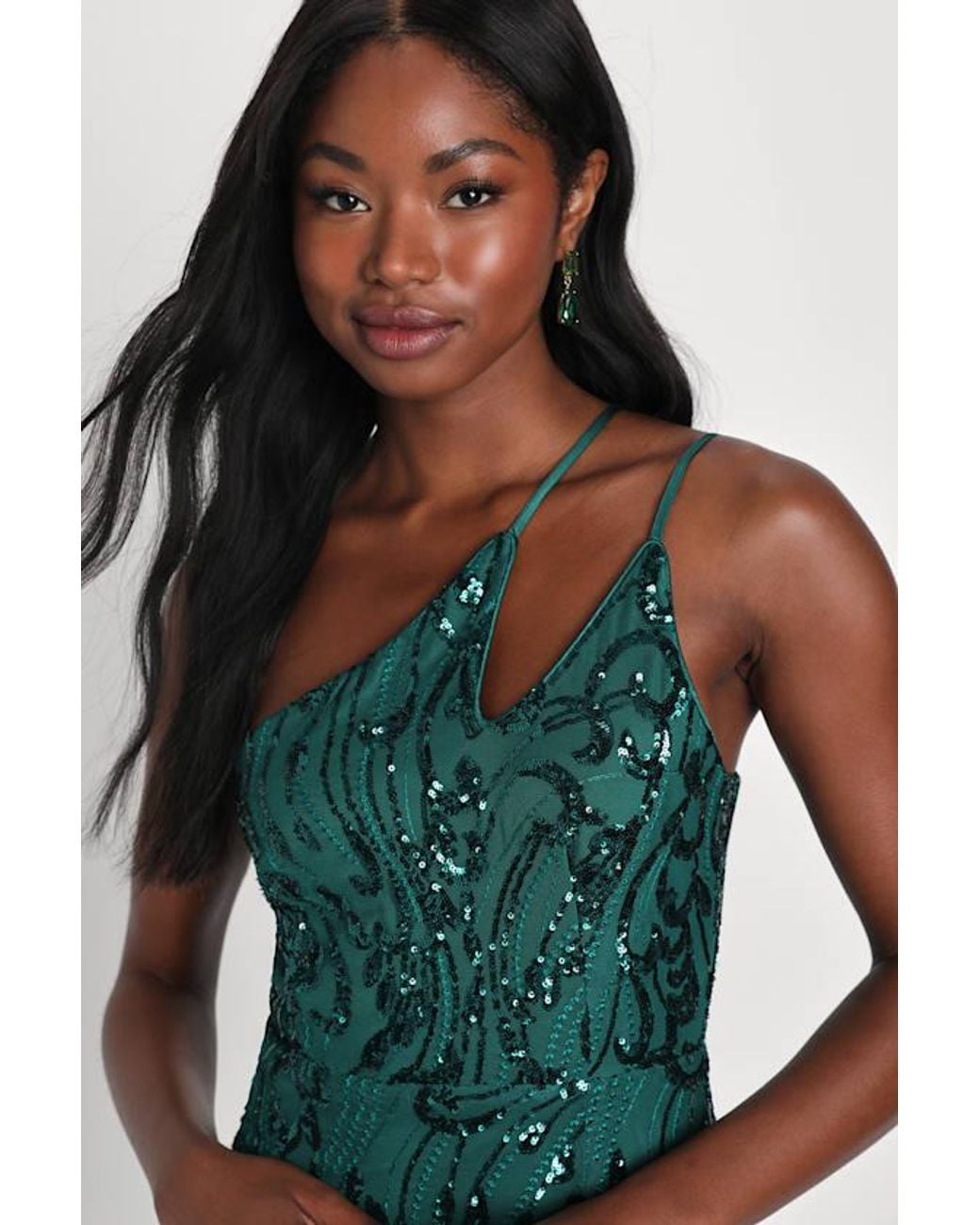 Lulus Green Alluring Shine Sequin One-Shoulder Mini Dress