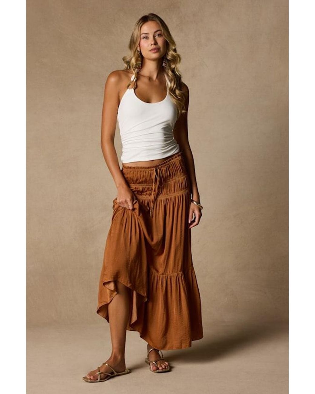 Lulus Brown Goldie Ruched Midi Skirt