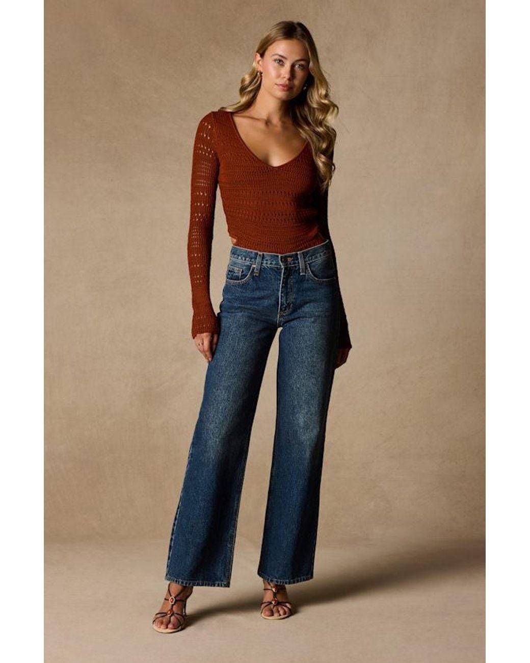 Lulus Blue Sarai Rust Crochet Knit Cutout Bodysuit