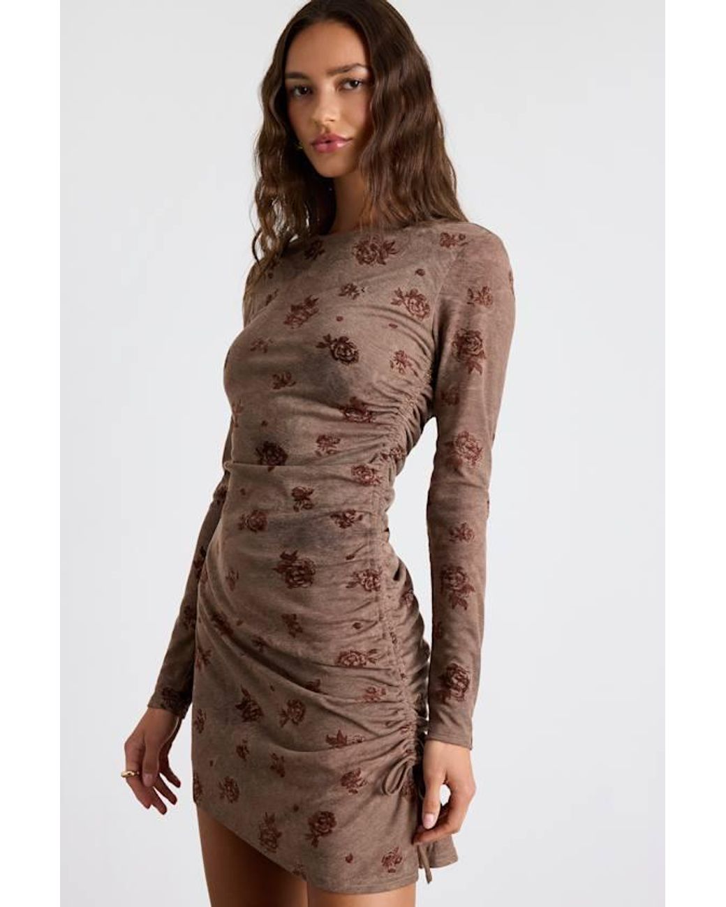 Lulus Brown Laudie Rose Print Ruched Mini Dress