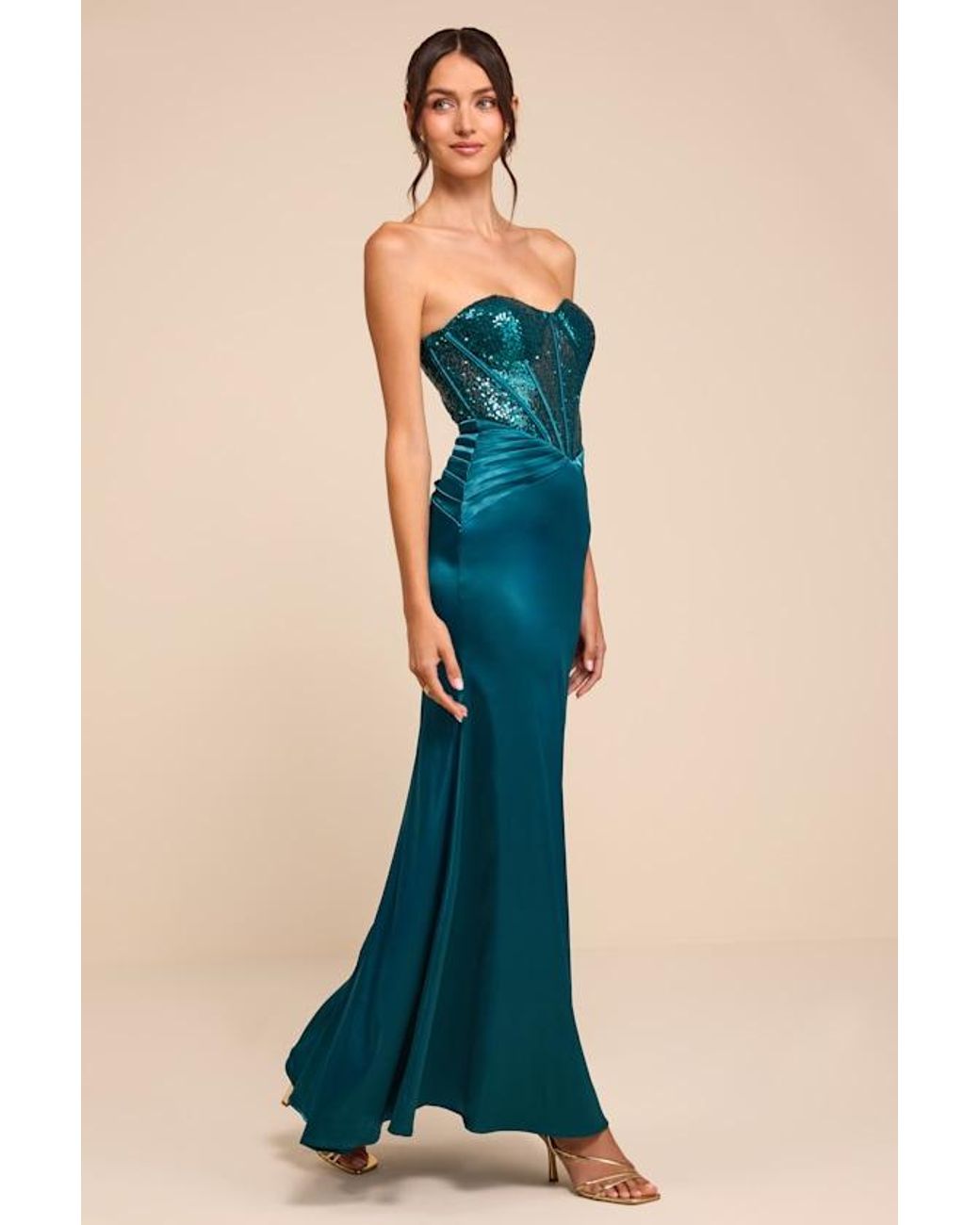 Lulus Blue Ria Emerald Sequin Strapless Mermaid Maxi Dress