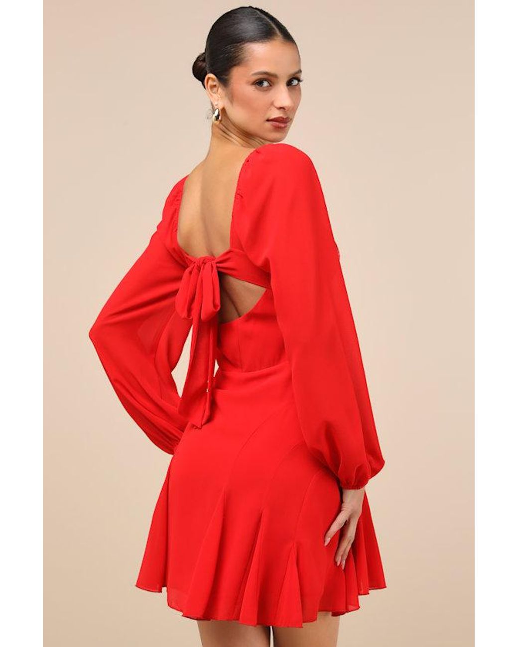 Lulus Red Excellent Presence Long Sleeve Tie-Back Mini Dress