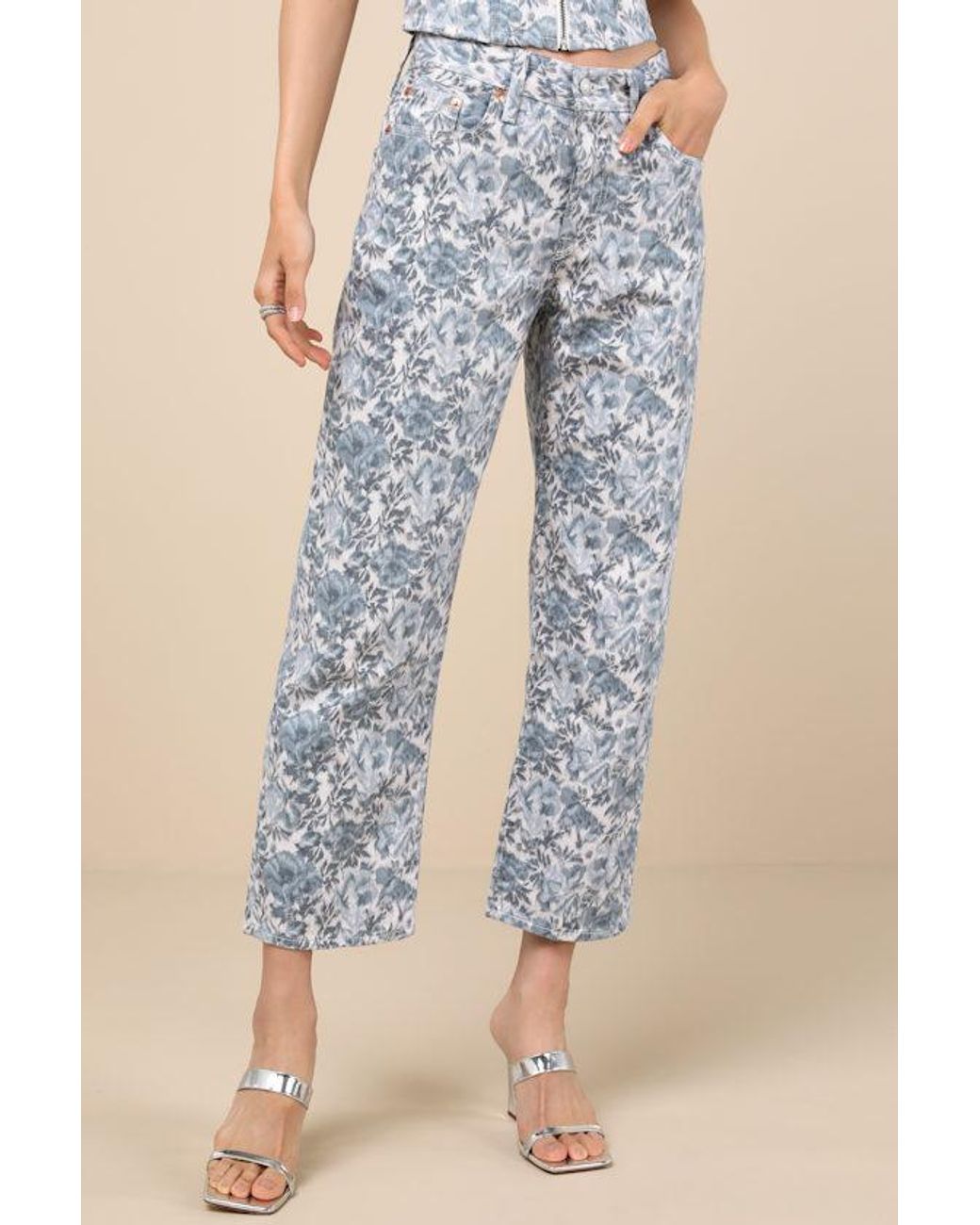 Levi's Blue 501 90's Ankle Medium Wash Floral Mid-Rise Straight Leg Jeans
