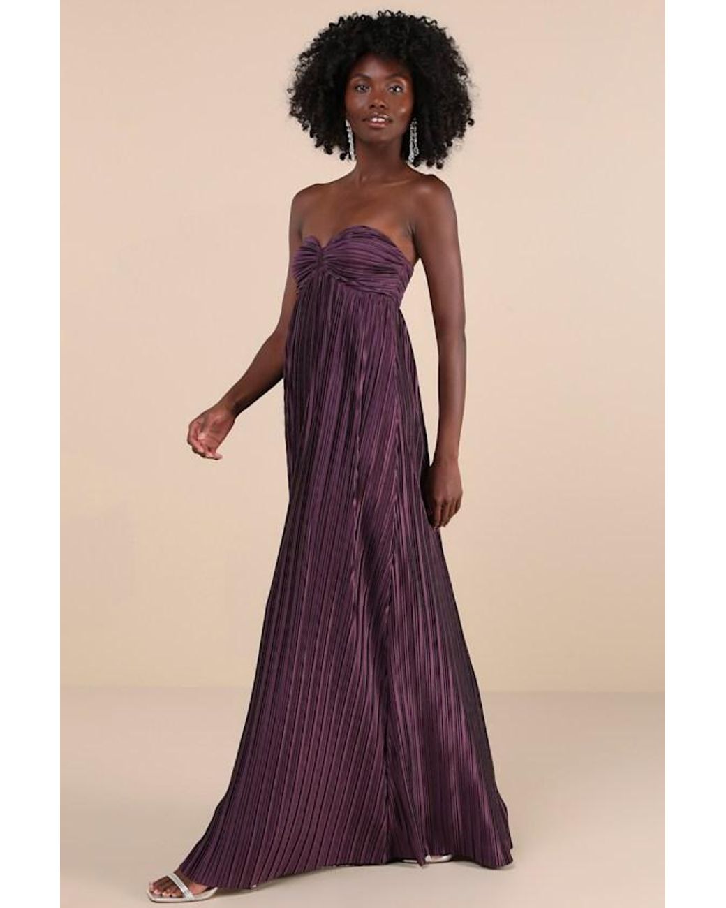 Lulus Whimsical Beauty Dark Satin Plisse Strapless Maxi Dress in Purple |  Lyst UK