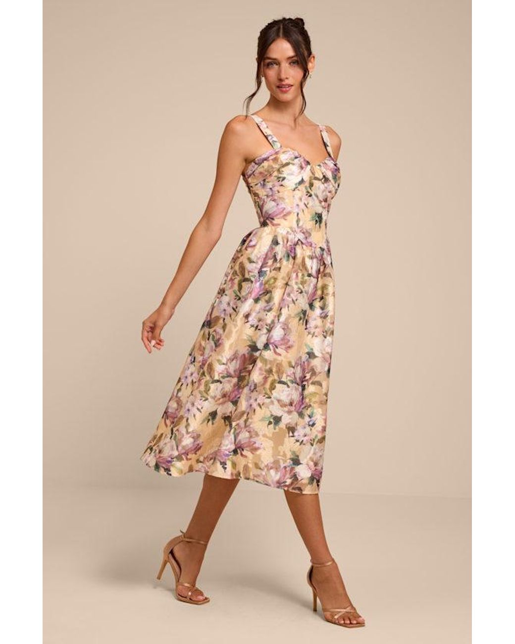 Lulus Natural Kathani Floral Jacquard Bustier Midi Dress