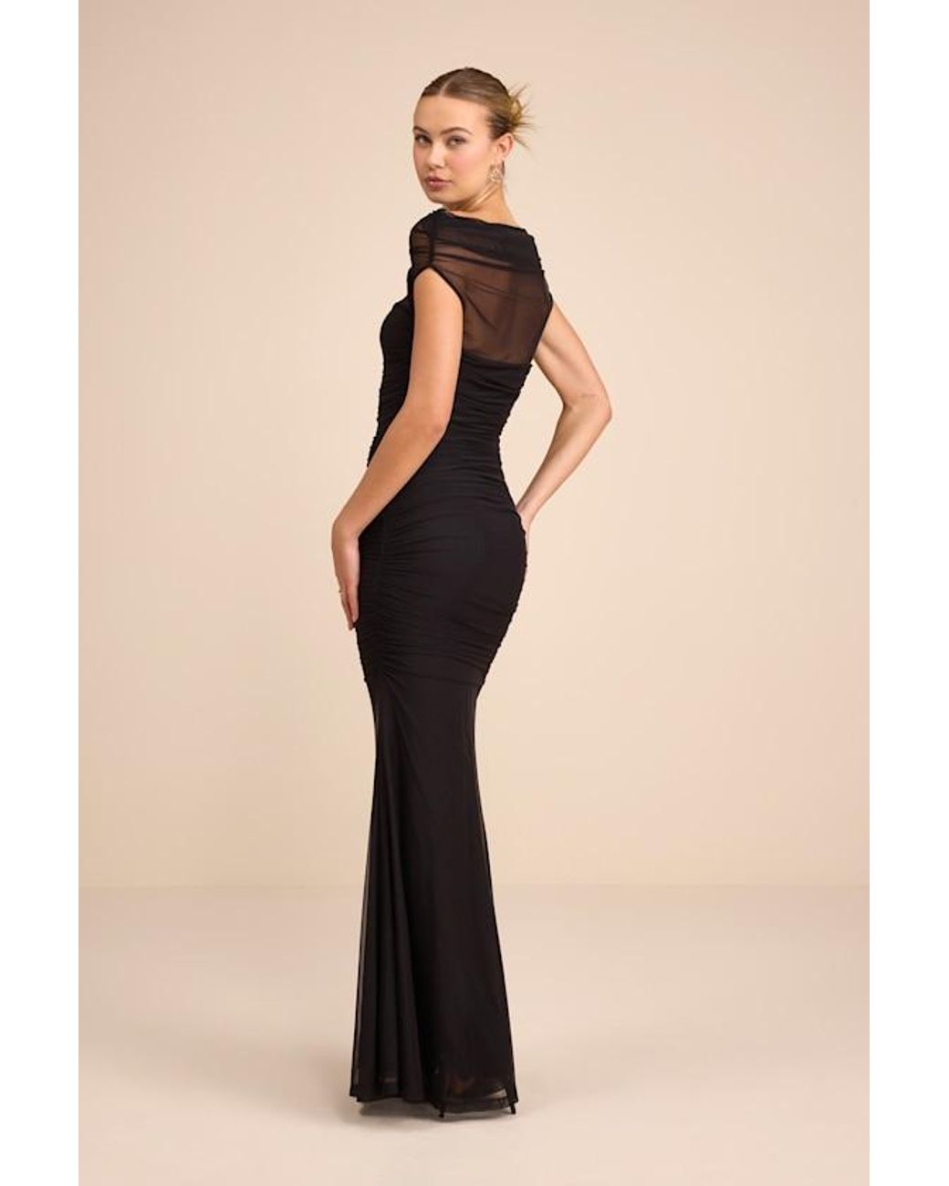 Lulus Black Sunama Mesh Ruched Mermaid Maxi Dress