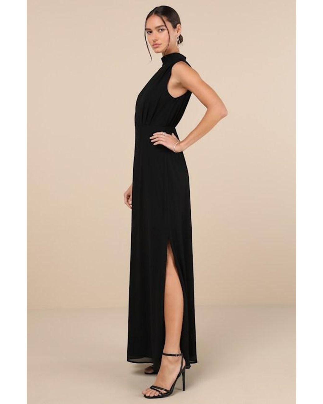 Lulus Black Classic Elegance Chiffon Sleeveless Mock Neck Maxi Dress
