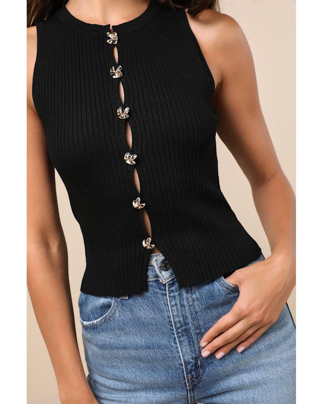 Lulus Blue Conceptually Chic Ribbed Knit Button-Front Tank Top