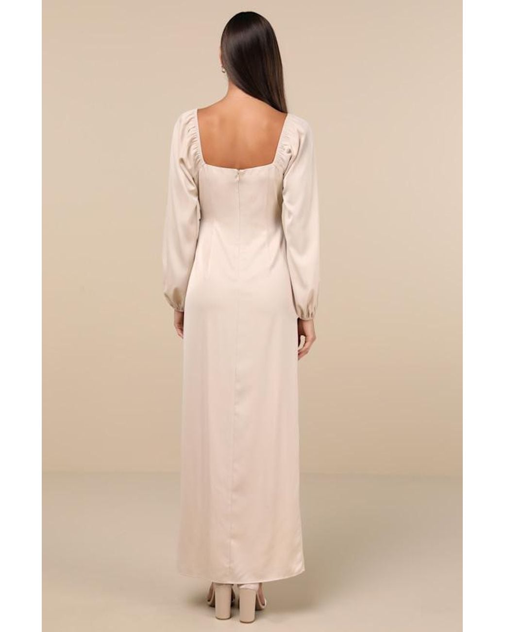 Lulus Natural Eternal Heart Satin Long Sleeve Maxi Dress