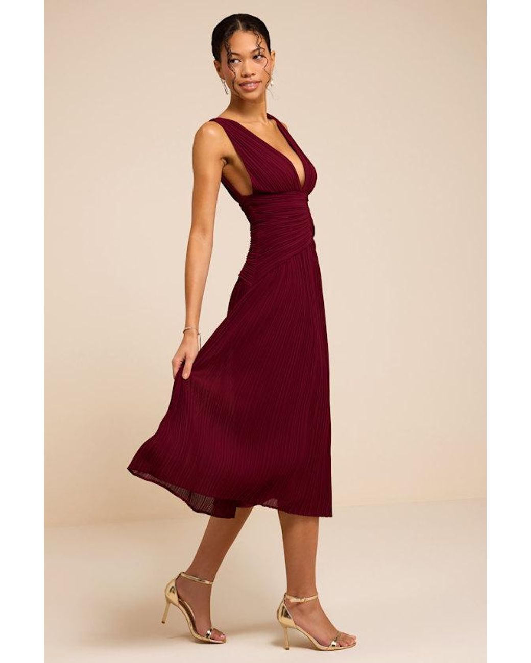 Lulus Red Kelina Pleated Drop Waist Midi Dress