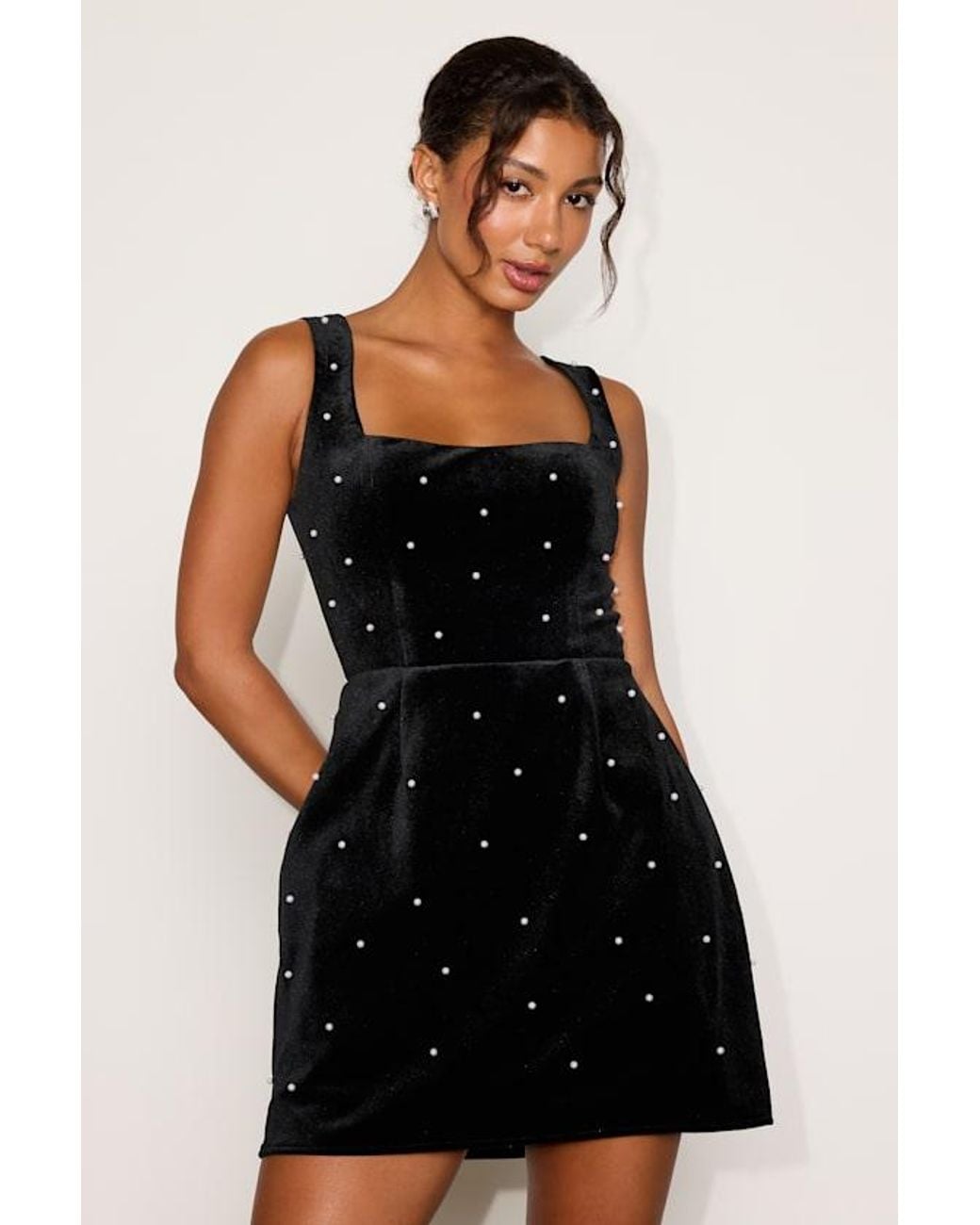 Lulus Black Mia Pearl Velvet Skater Dress