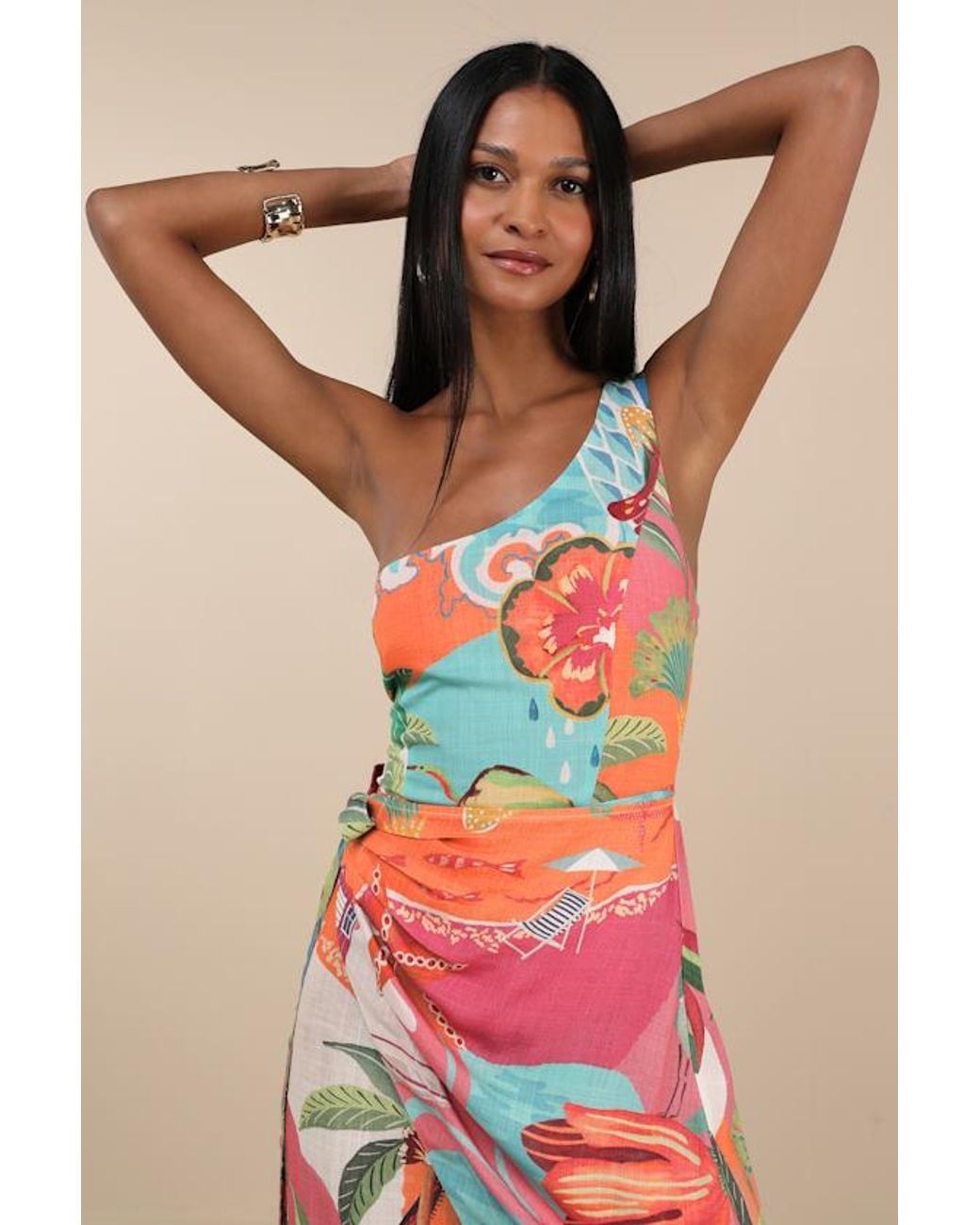 Lulus Blue Hilinai Multi Tropical Print Wrap Midi Dress