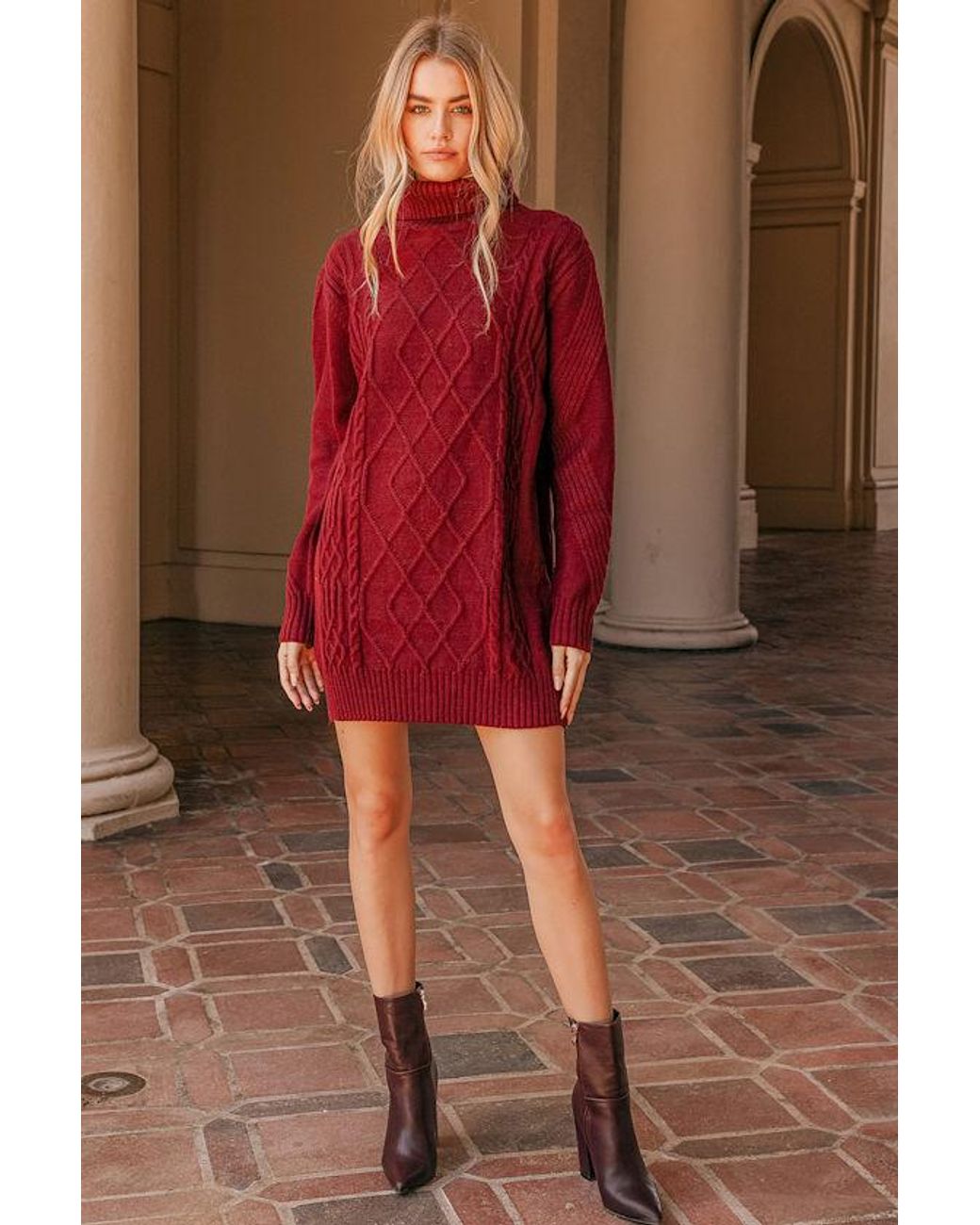 Lulus Red Cuddle Up Close Cable Knit Turtleneck Sweater Dress