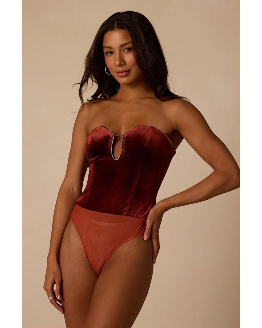 Lulus Brown Cha Cha Velvet Strapless Bodysuit