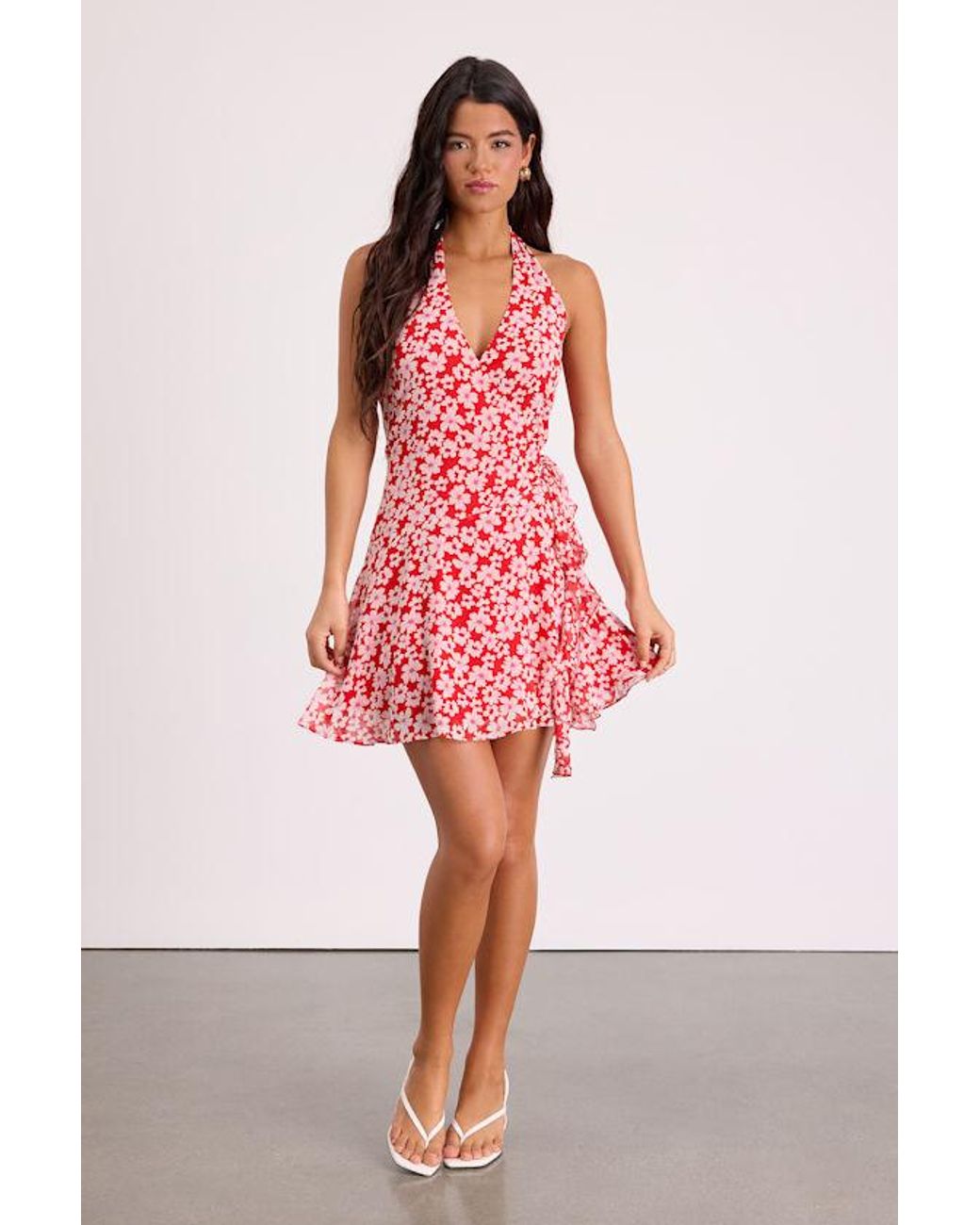 Lulus Red Chenaya Floral Halter Wrap Mini Dress