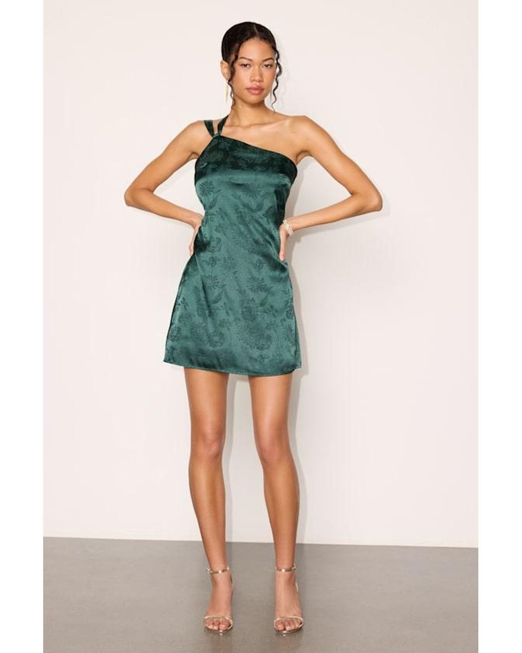 Lulus Green Yvonne Emerald Jacquard Satin One-Shoulder Mini Dress