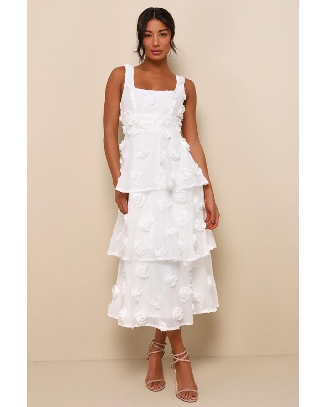 Lulus Natural Exceptional Entrance Sleeveless Tiered Rosette Midi Dress