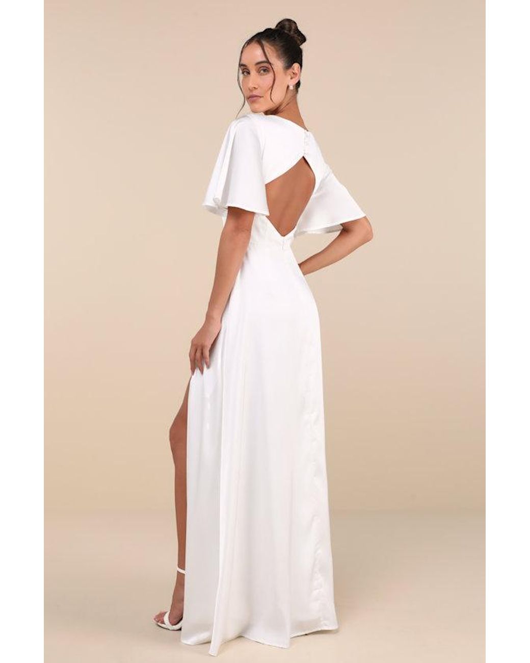 Lulus Natural Elegant Confidence Satin Flutter Sleeve Cutout Maxi Dress