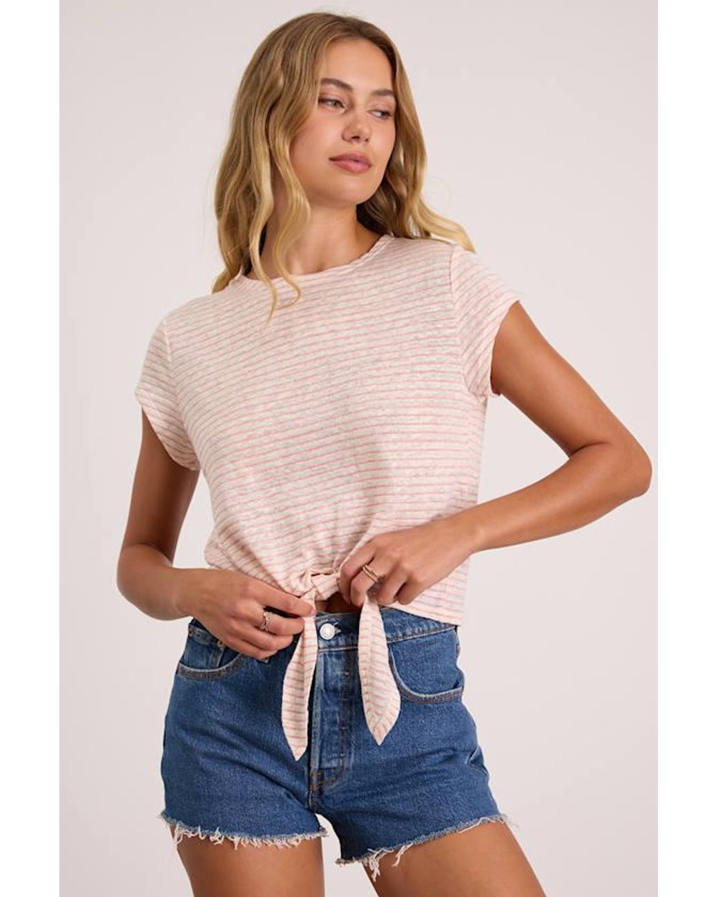 Lulus Blue Casually Adorable And Striped Tie-Front Tee