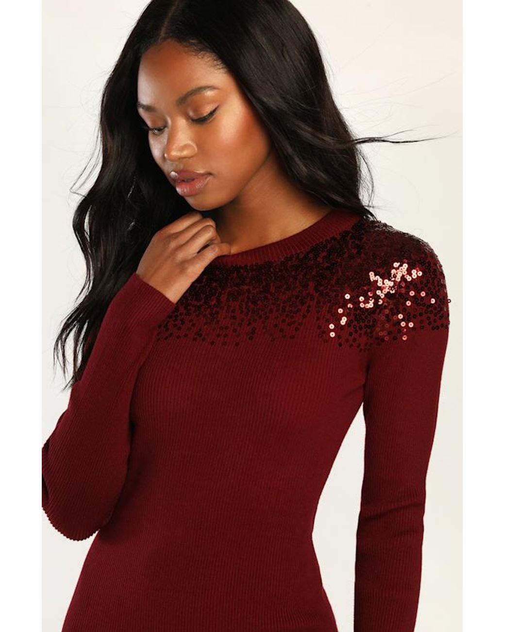 Lulus Red Snow Stopper Ribbed Sequin Mini Sweater Dress