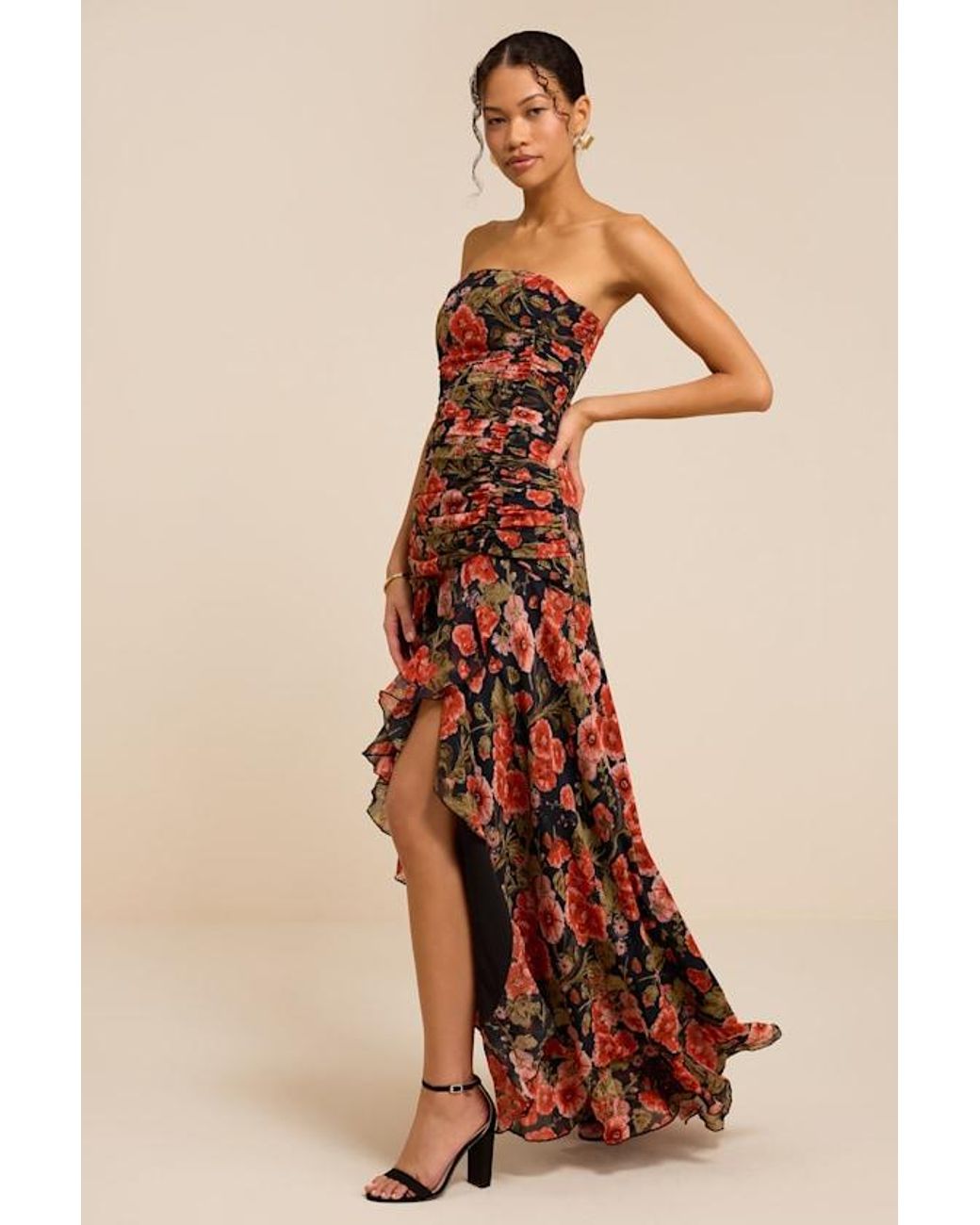 Lulus Brown Zuri Floral Strapless Maxi Dress