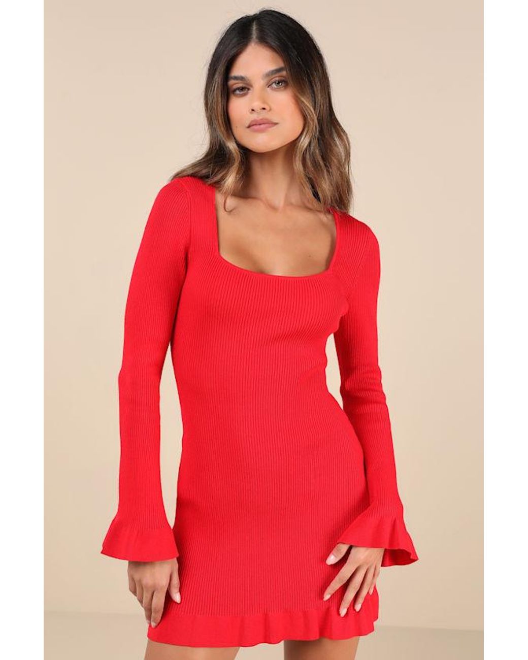 Lulus Cozy Outlook Long Sleeve Sweater Mini Dress in Red | Lyst UK