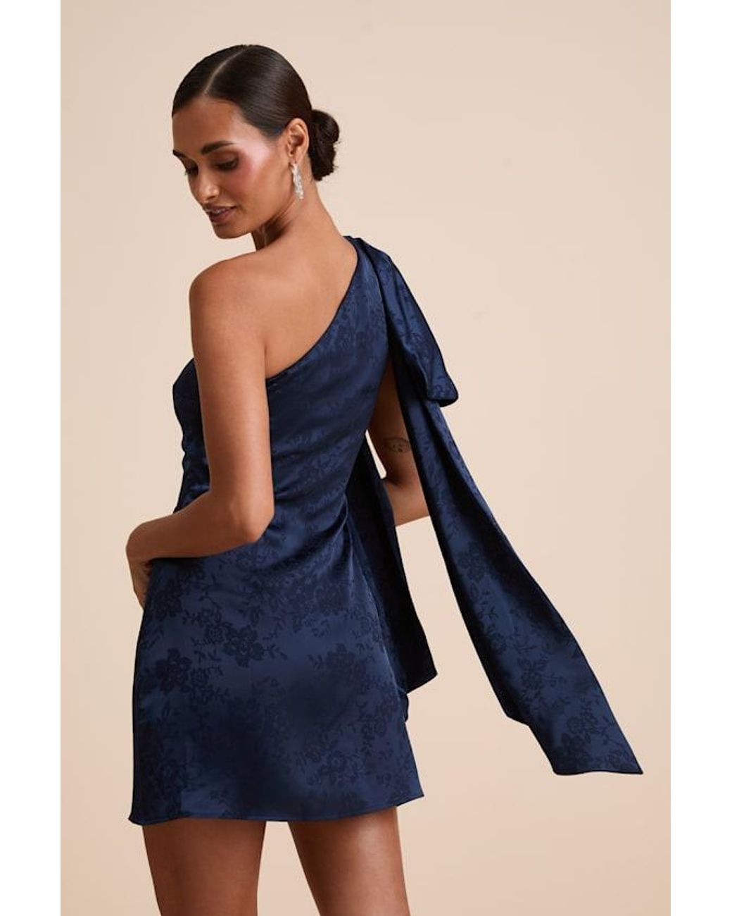 Lulus Blue Jayda Satin Jacquard One-Shoulder Sash Mini Dress