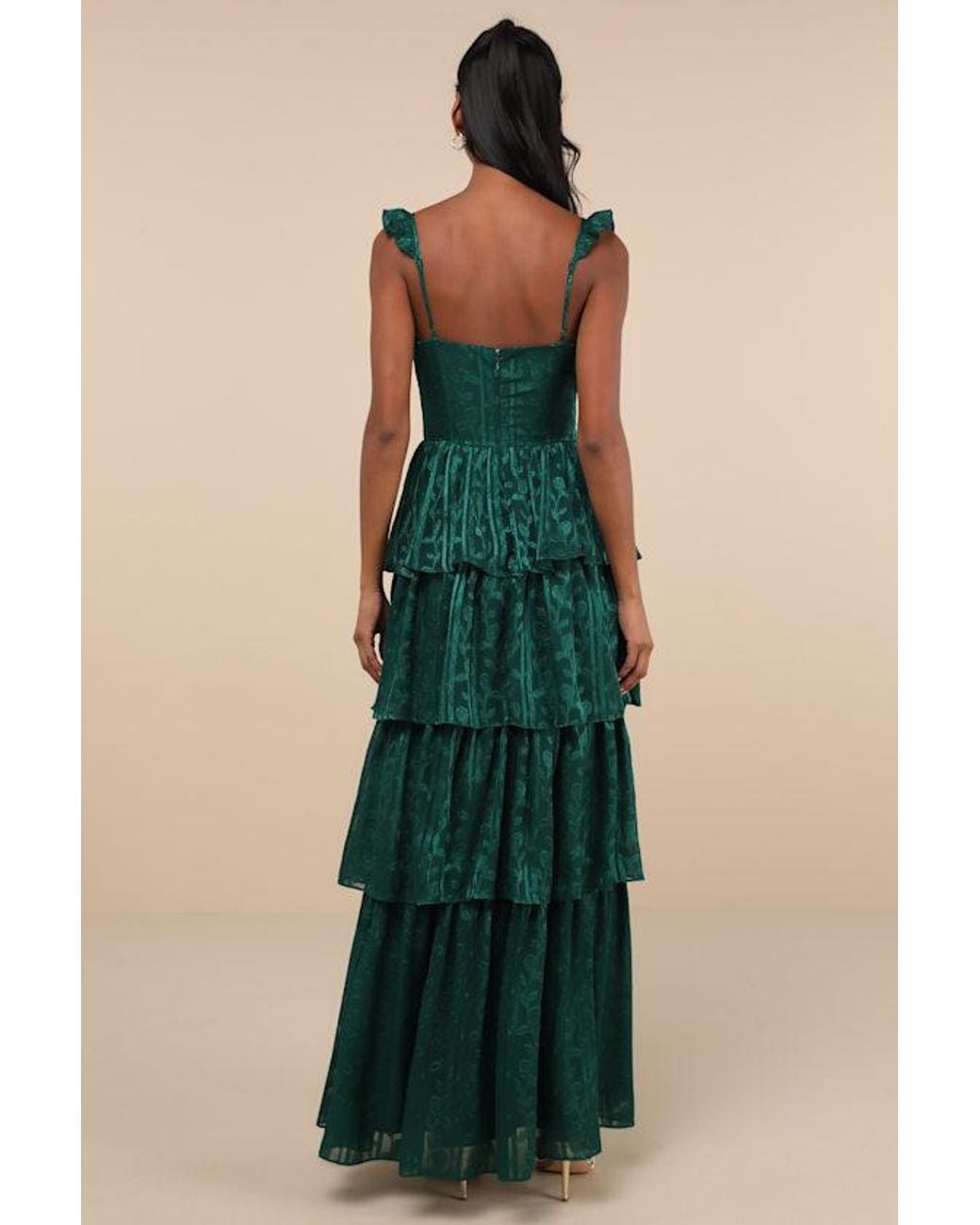 Lulus Green Stunning Glory Hunter Floral Jacquard Tiered Maxi Dress