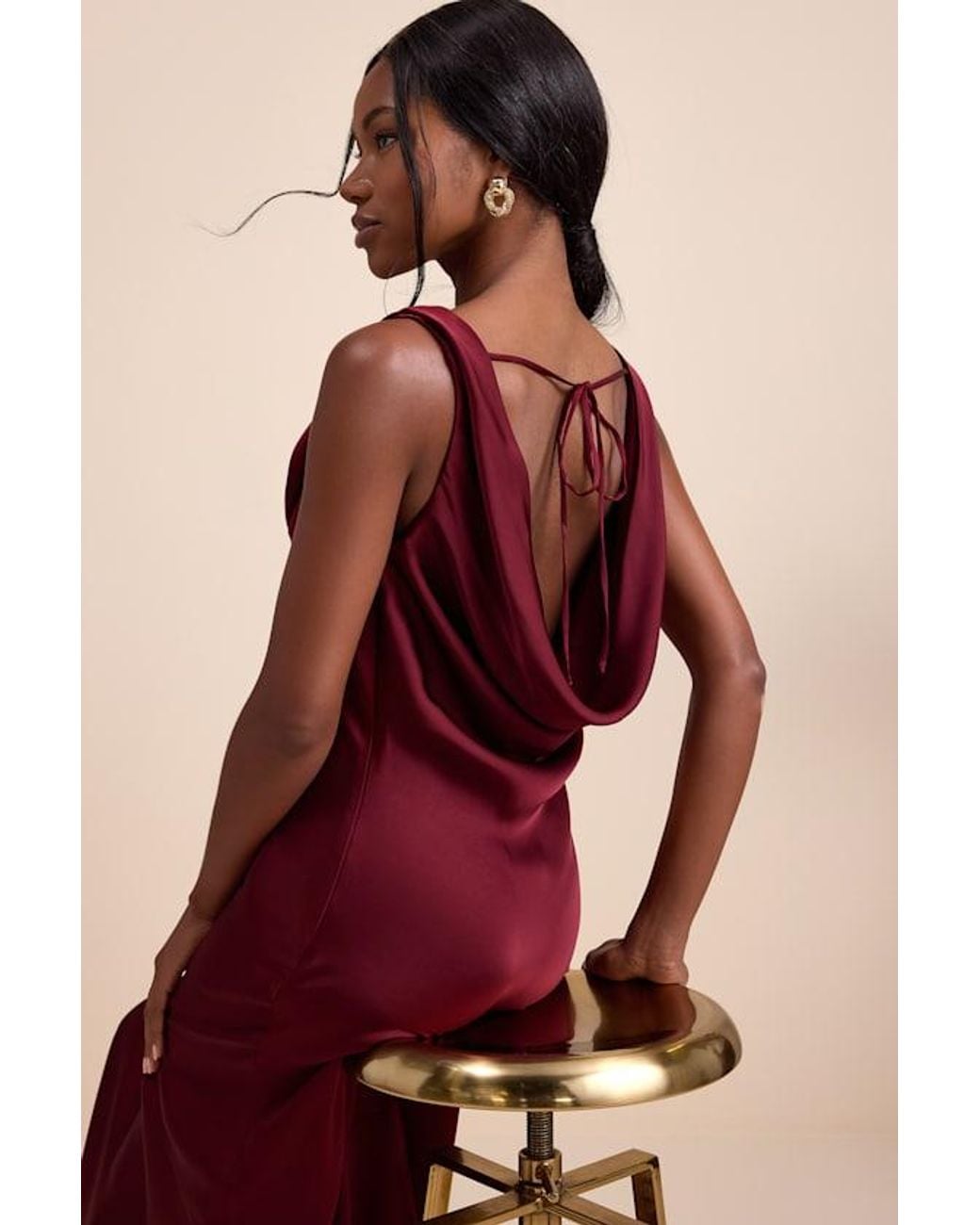 Lulus Red Aernah Satin Cowl Tie-Back Slip Maxi Dress