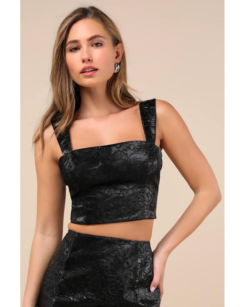 Lulus Black Elaborate Chicness Embossed Lace-Up Top