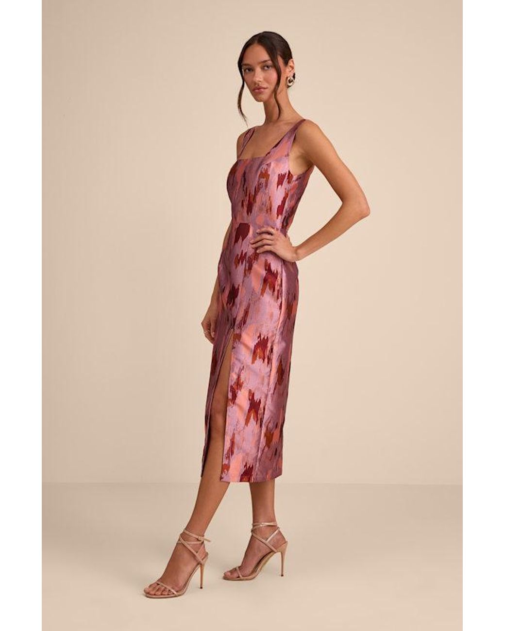 Lulus Pink Diani Abstract Jacquard Column Midi Dress