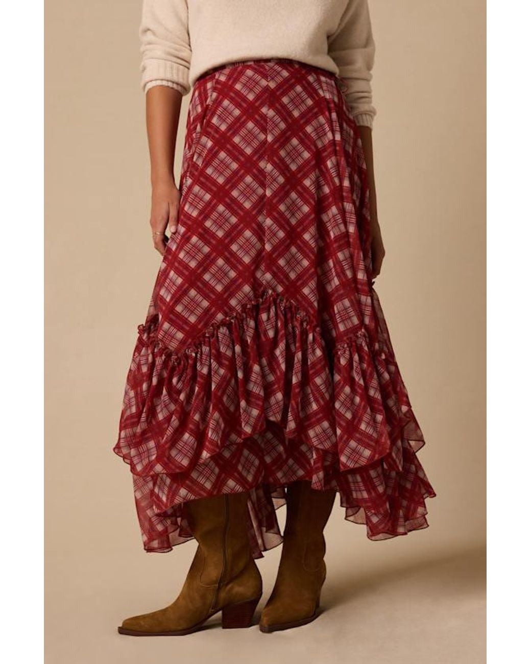 Lulus Brown Lynn Plaid Ruffled Midi Skirt