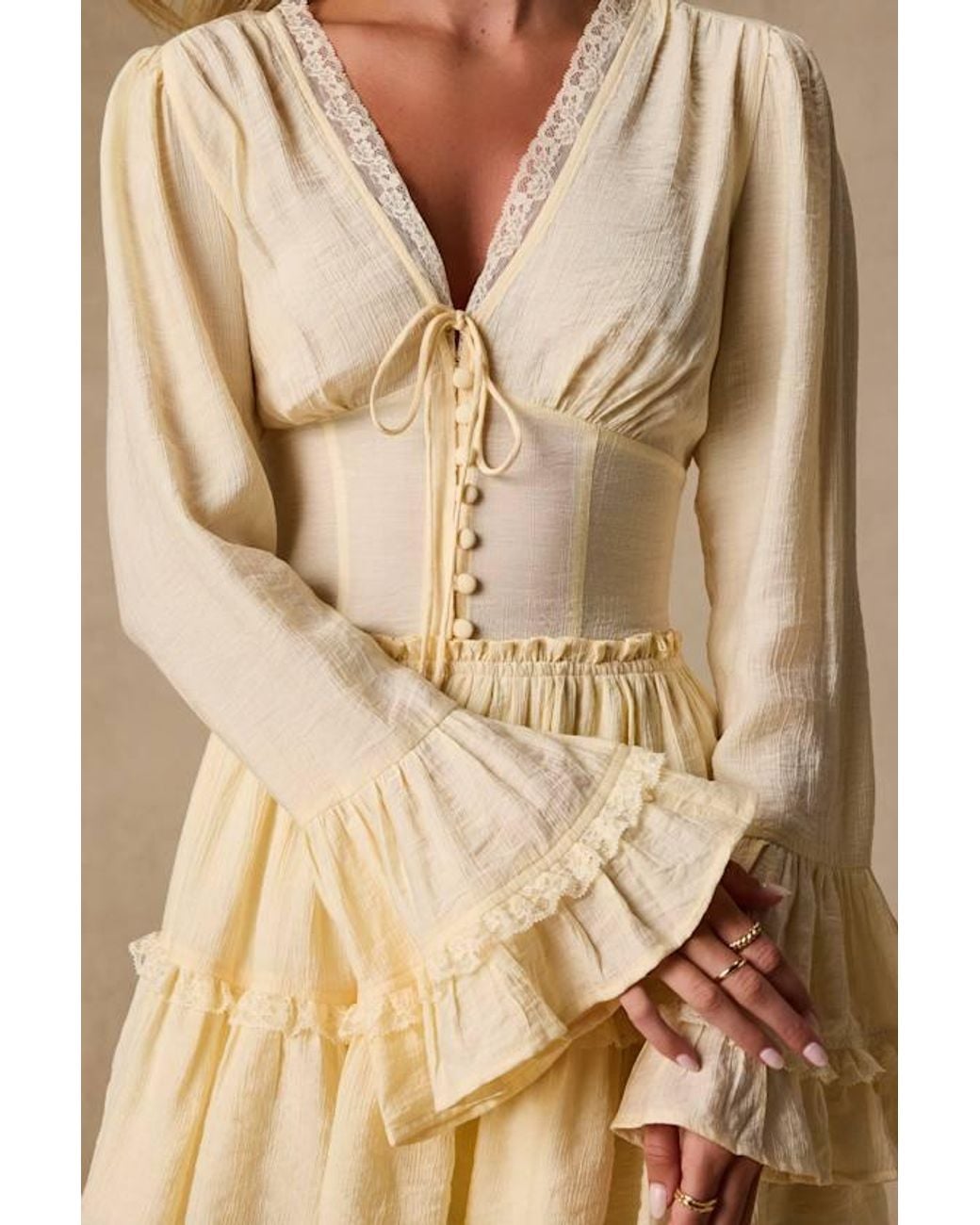 Lulus Natural Ayaana Pale Long Sleeve Tiered Mini Dress