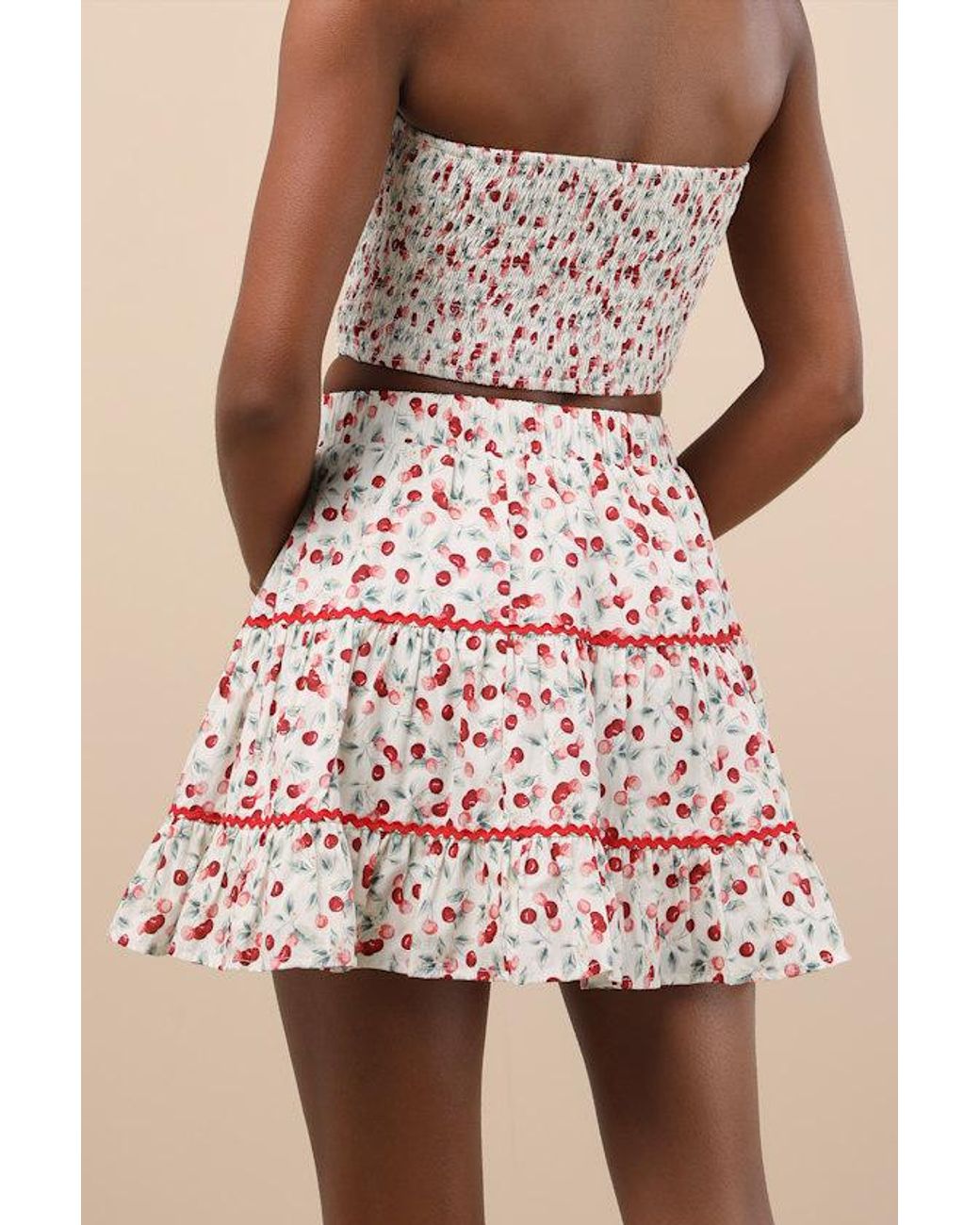 Lulus Pink Chelan Cherry Print Tiered Mini Skirt