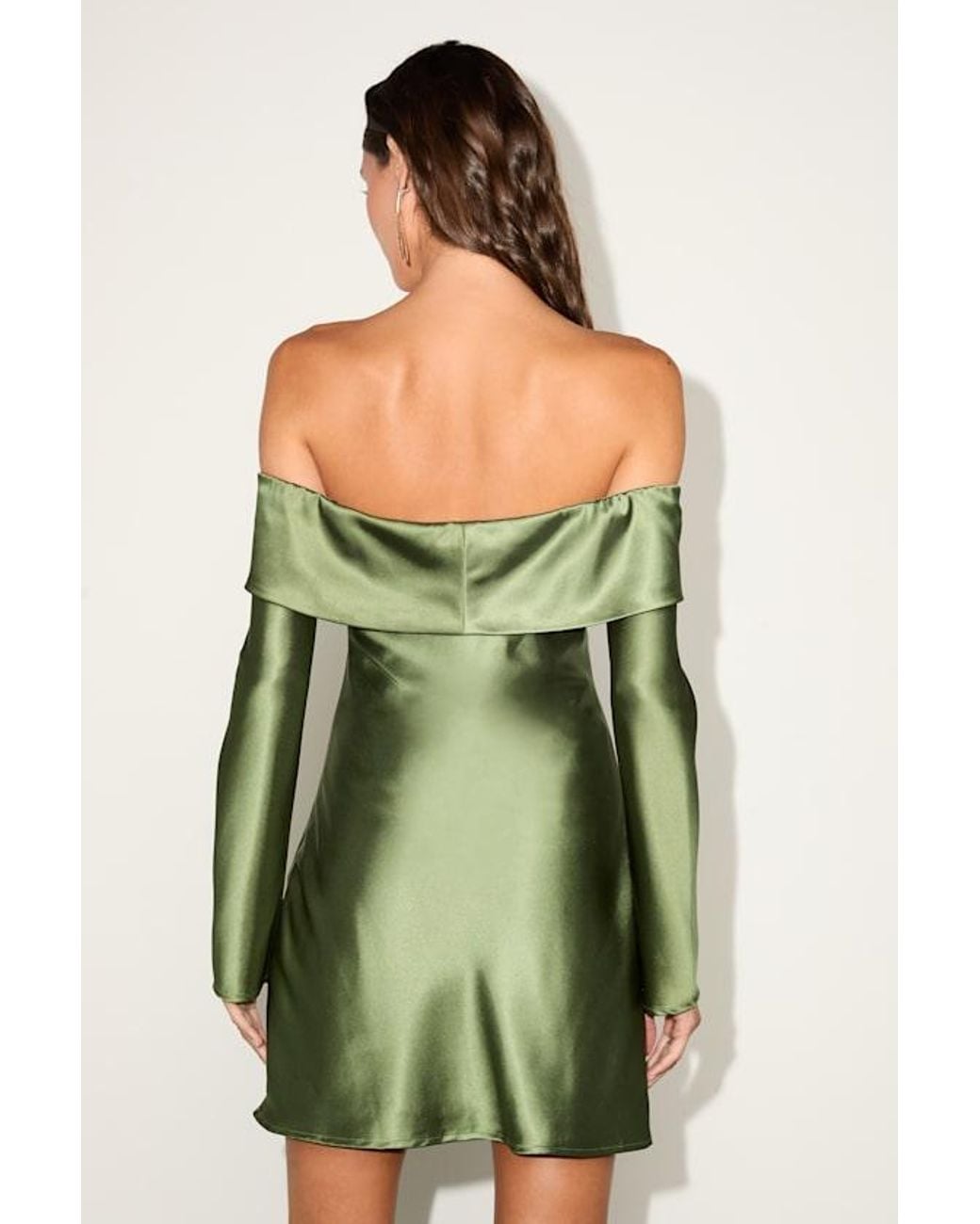 Lulus Green Luxurious Vision Satin Off-The-Shoulder Mini Dress