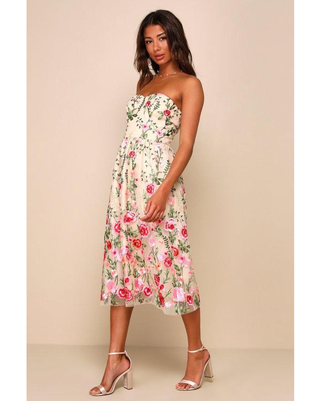 Lulus Pink Endless Praise Floral Embroidered Strapless Midi Dress