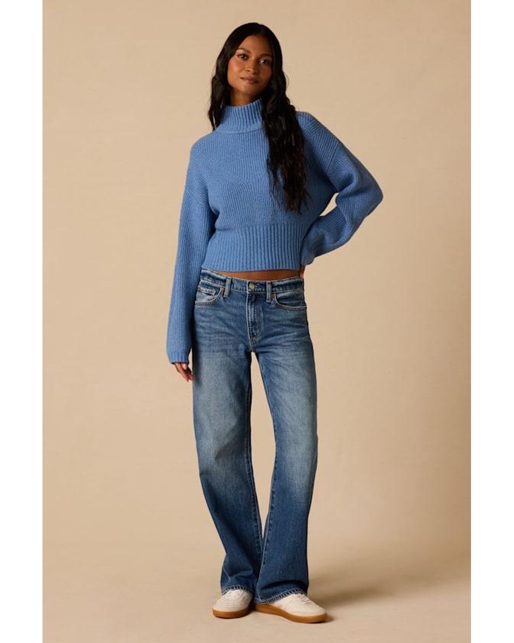 Lulus Blue Snuggly Days Cropped Mock Neck Sweater