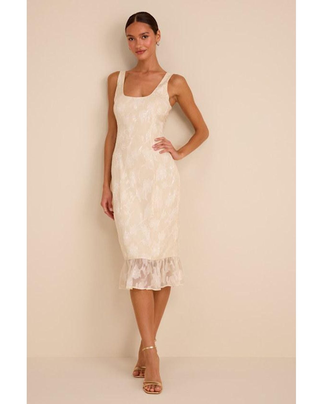 Lulus Natural Elani Floral Burnout Trumpet Midi Dress