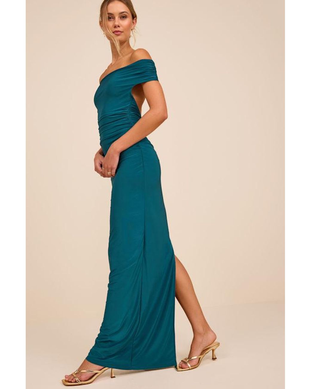 Lulus Blue Brilliant Elegance Off-The-Shoulder Backless Maxi Dress
