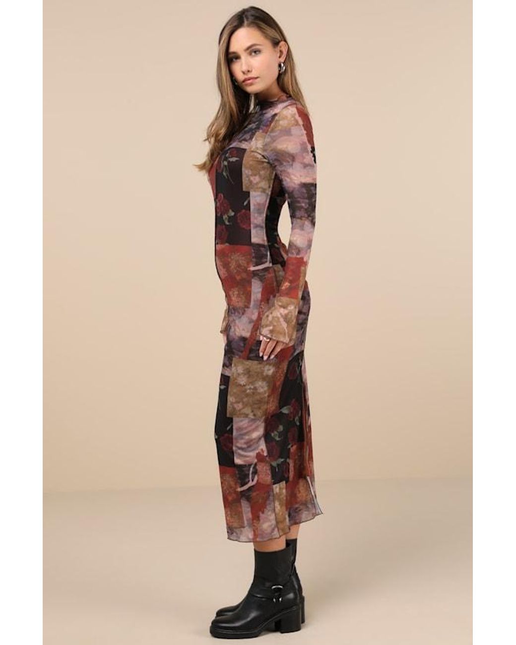 Lulus Natural Aesthetic Adoration Multi Floral Mesh Long Sleeve Midi Dress