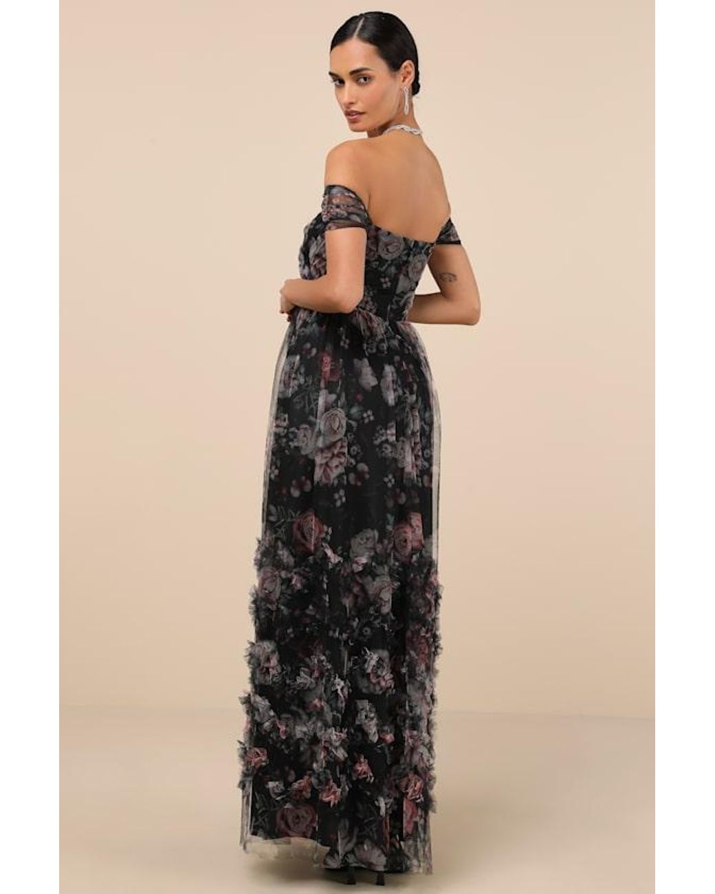 Lulus Green Ideal Beauty Floral Mesh Off-The-Shoulder Maxi Dress