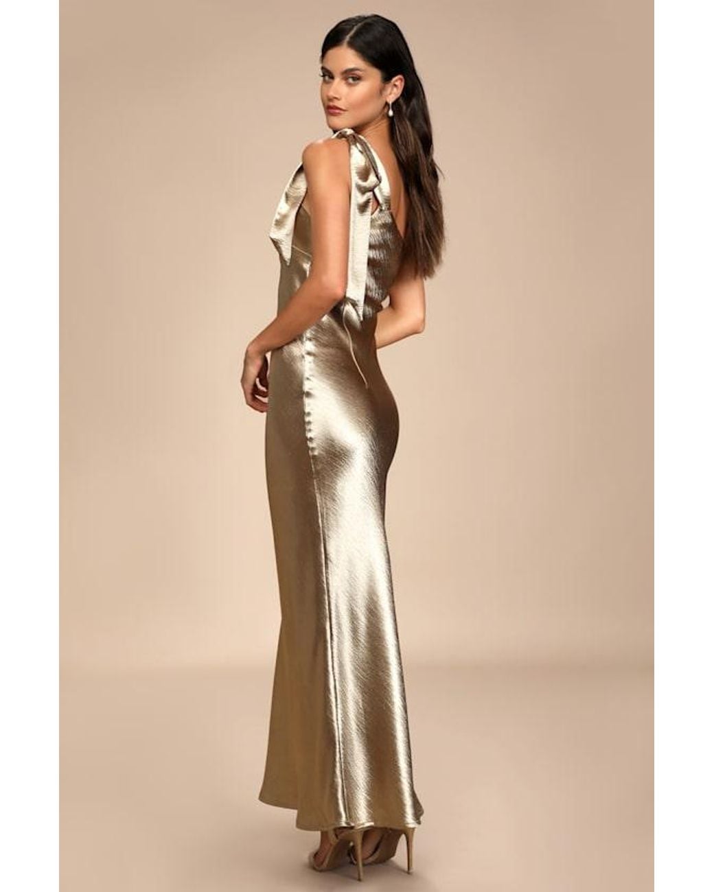 Lulus Natural Lavish Looks Satin One-Shoulder Tie-Strap Maxi Dress