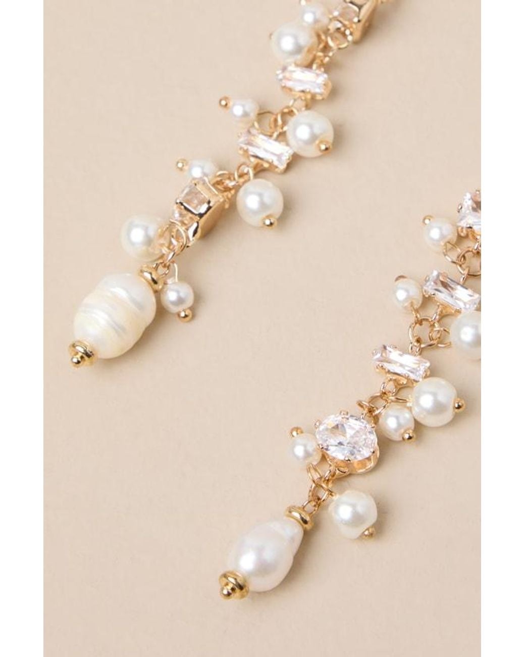 Lulus Natural Decadent Approach Pearl Rhinestone Drop Earrings