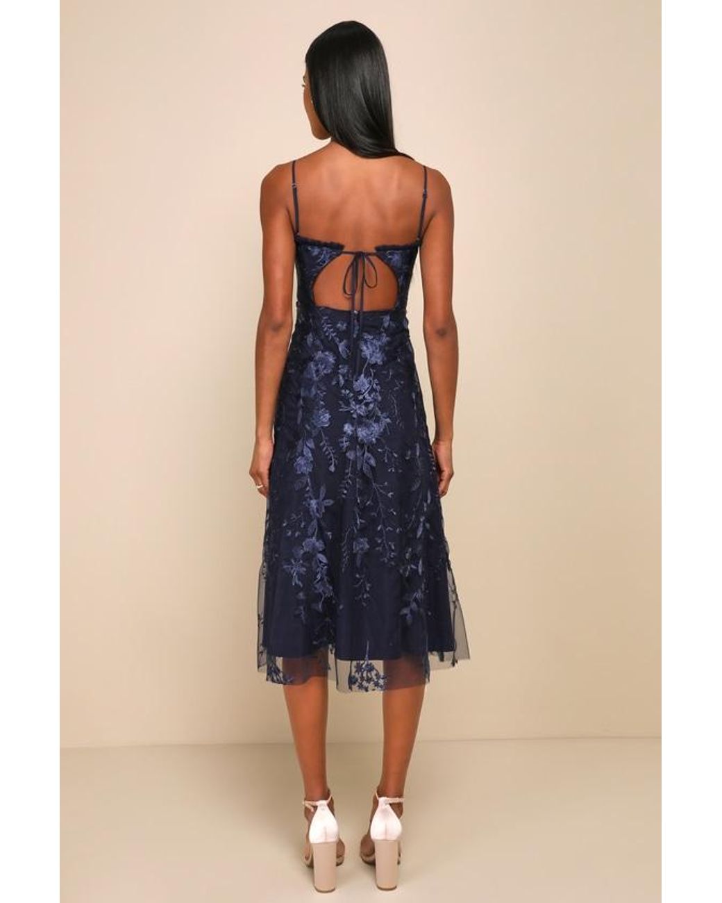 Lulus Blue Charmingly Sophisticated Tulle Embroidered Midi Dress