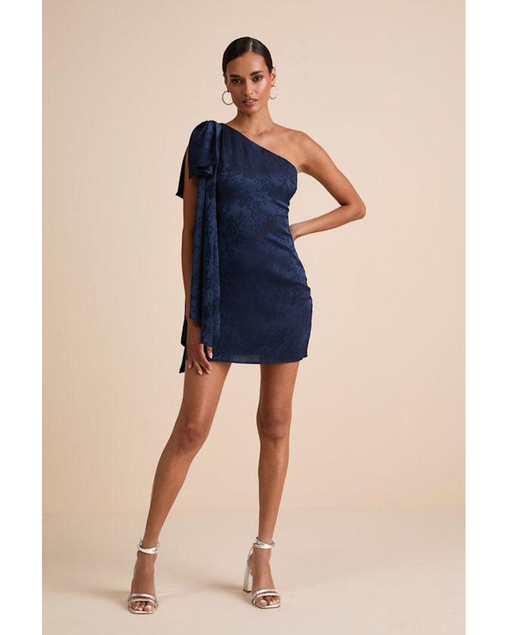 Lulus Blue Jayda Satin Jacquard One-Shoulder Sash Mini Dress