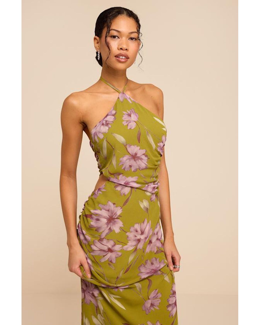 Lulus Yellow Nikina Chartreuse Floral Halter Maxi Dress